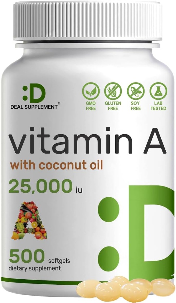 DEAL Supplerende høy styrke Vitamin A 25000 IU, 500 Coconut Oil Softgels | Lett absorbert, naturlig fisk leveroljekilde – vitaminer for øye, immunforsvar, og hud helse – lett å svelge, ikke-GMO
