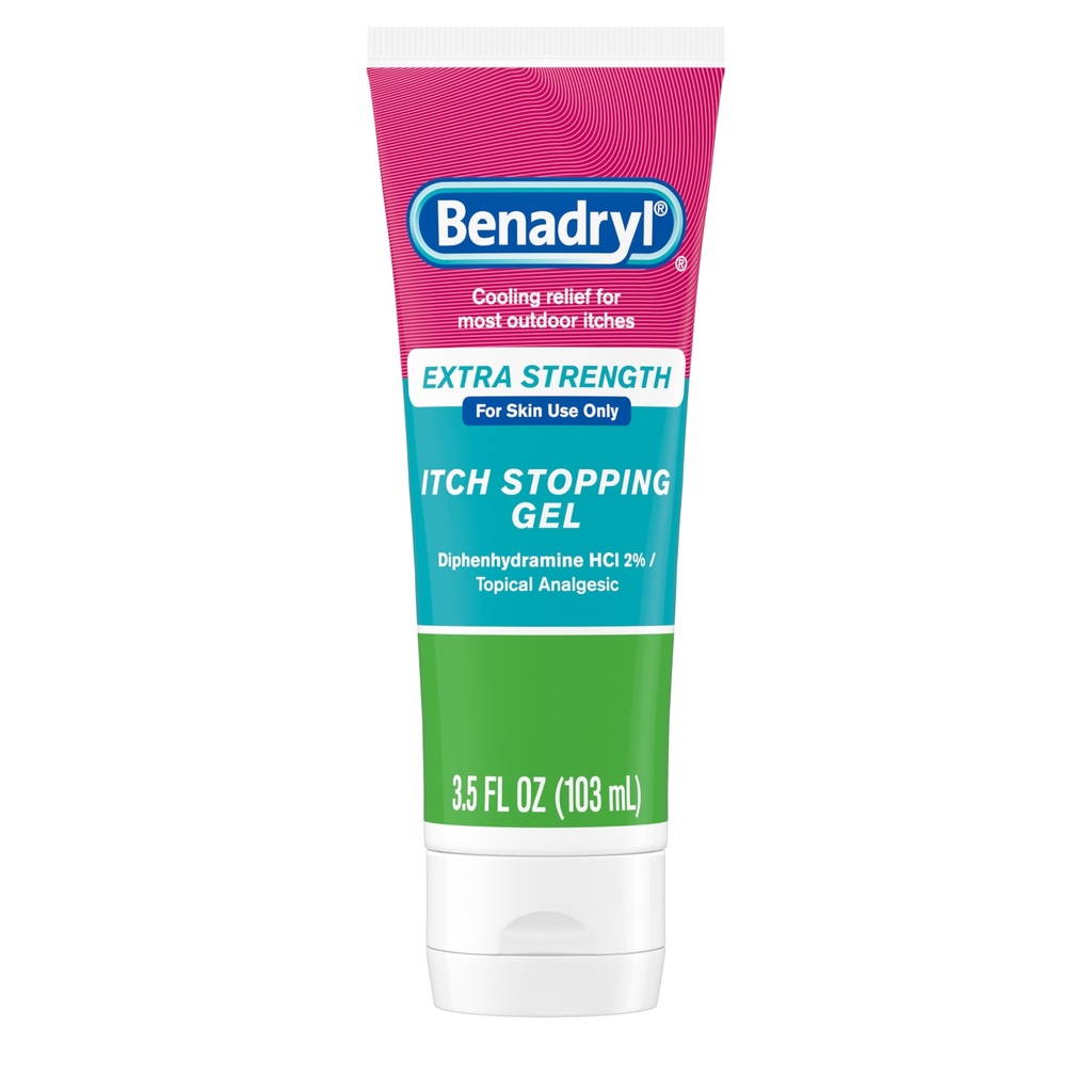 Benadryl ekstra styrke Anti-Itch Relief Gel, 2% Diphenhydramin HCl, Relief fra Insekt Bites, Sunburn & Mer, Flott for Camping Essentials, 3,5 fl oz