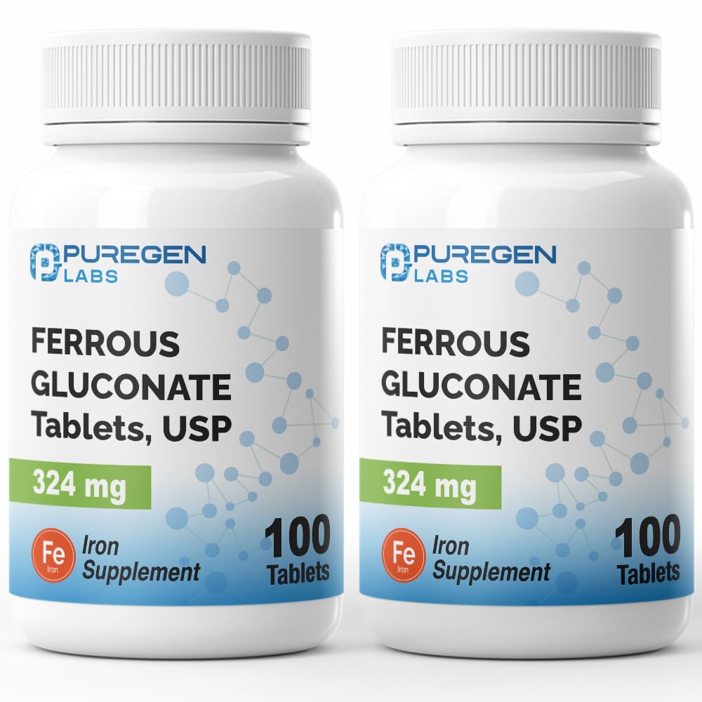 Puregen Labs Ferrous Gluconate 324 mg [høy styrke] Jern Supplement, Gentle on Mage | 2 pakke - 200 tabletter totalt