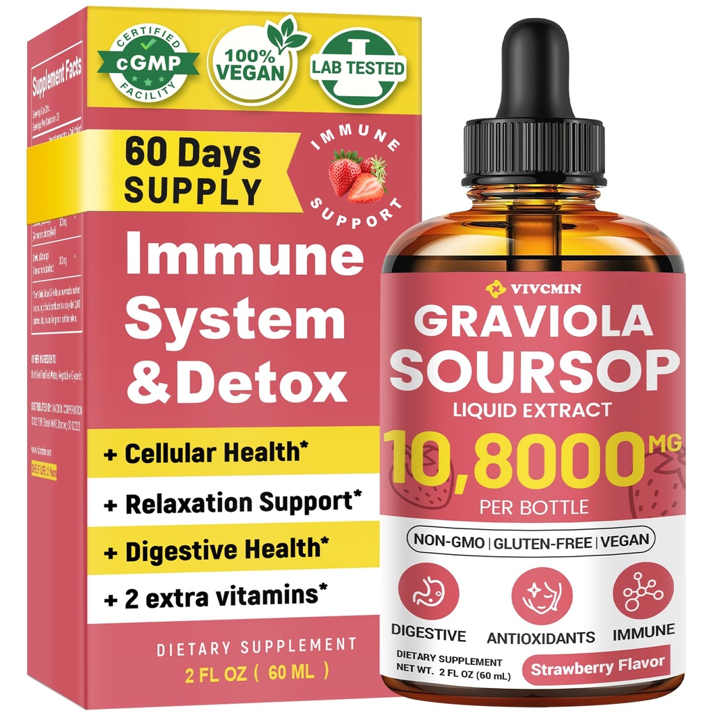 Graviola Soursop Leaf Extract Liquid - Soursop Bitters Liquid, Support Immune, Sleep, Lever og søvn, Sukker og alkohol-fri, høyabsorberbar formel, Jordbær Flavor, 2 Fl Oz
