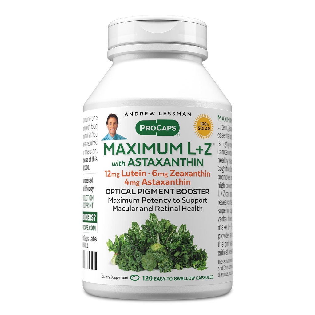 ANDREW LESSMAN Maksimal L+Z med Astaxanthin 120 Softgels - 12 mg Lutein, 6 mg Zeaxanthin, 4 mg Astaxanthin. Nøkkelnæringsstoffer for å støtte øye og hjerne helse, og fremme sunn visjon.
