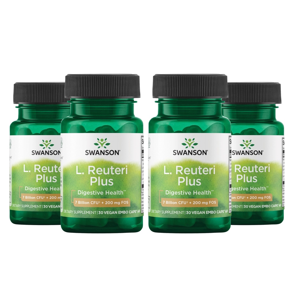 Swanson L. Reuteri Probiotic Plus w/L. Rhamnosus L. Acidophilus & FOS Prebiotic Digestive Support - Fremmer Gut Helse w/ 7 milliarder CFU per kapsel - (30 Veggie Capsules) (4 Pakke)