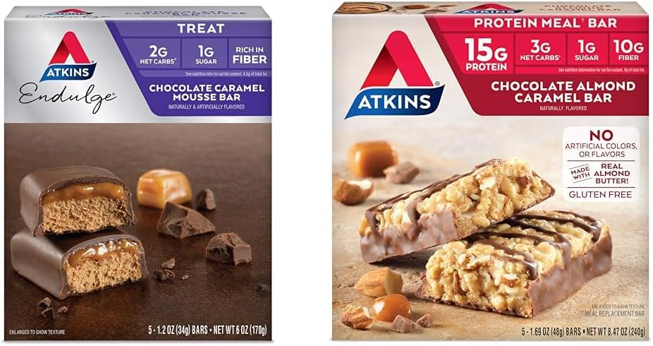 Atkins Endulge Sjokolade Caramel Mousse Bar, Dessert Favoritt, 1g Sukker, Høy i Fiber, 5 greve og sjokolade Almond Caramel Bar, Keto-vennlig, Glutenfri med ekte Almond Smør, 5 greve (pakke av 1)
