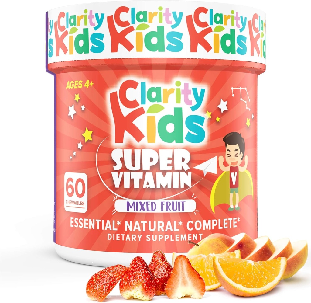 Klarhet Kids Super Vitamin Multivitamin for barn | Vitamin C, vitamin D, & sink | Alt naturlig Chewable for barneimmun støtte | USA laget Supplement | 60 stykker (30 dagers forsyning)