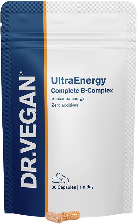 DR.VEGAN UltraEnergy | høy styrke B vitamin kompleks, 30 vegan-vennlige kapsler | Inkluderer vitamin B12 (100ug), Choline (50 mg), Biotin (50ug) og Folat (200ug) | En-A-dag