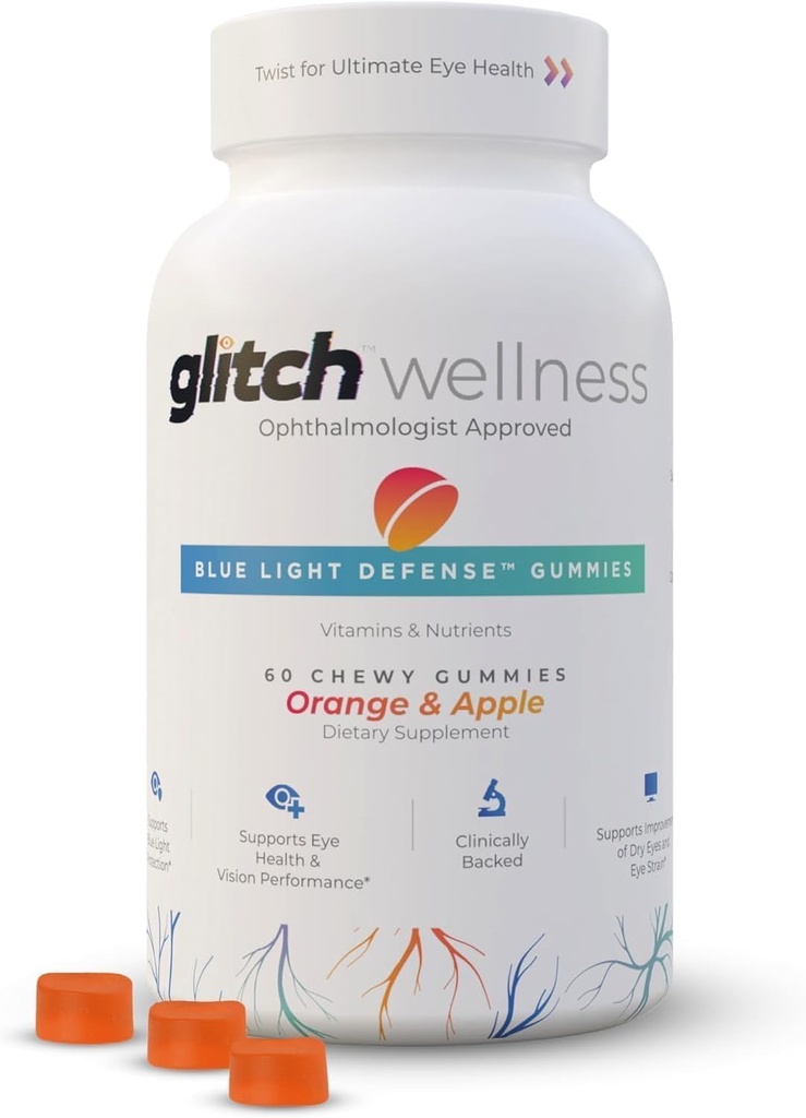 Glitch Gummies for tørre øyne Blått lys Forsvar - Vegansk, sukkerfri Zeaxanthin og lutein Gummies for øyne Supplement for voksne og eldre (60 greve - 1 flaske)