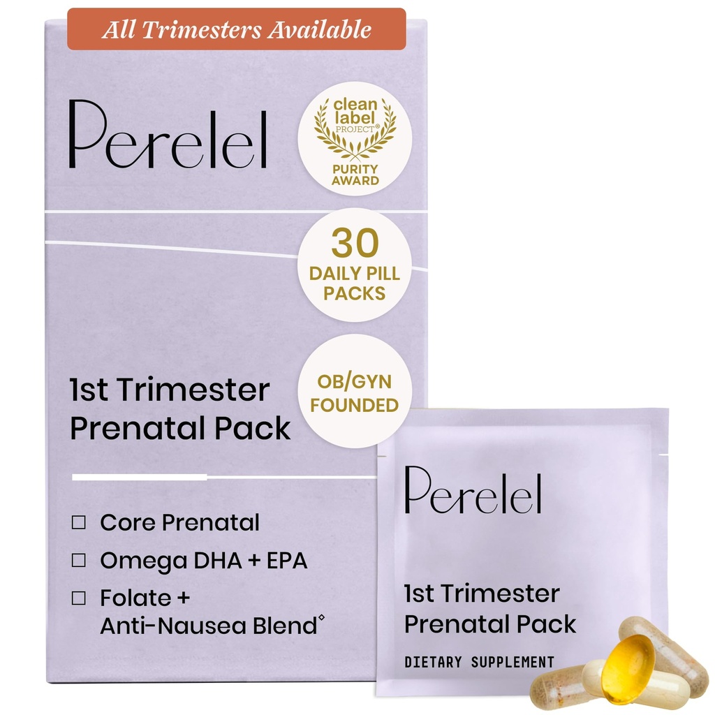 Perel 1st Trimester Prenatal Pack, Multivitamin med Folat, vitamin D, Omega 3, jern og ginger, ernæringsmessig støtte for tidlig graviditet, soya og glutenfri, ikke GMO, 30 daglige piller