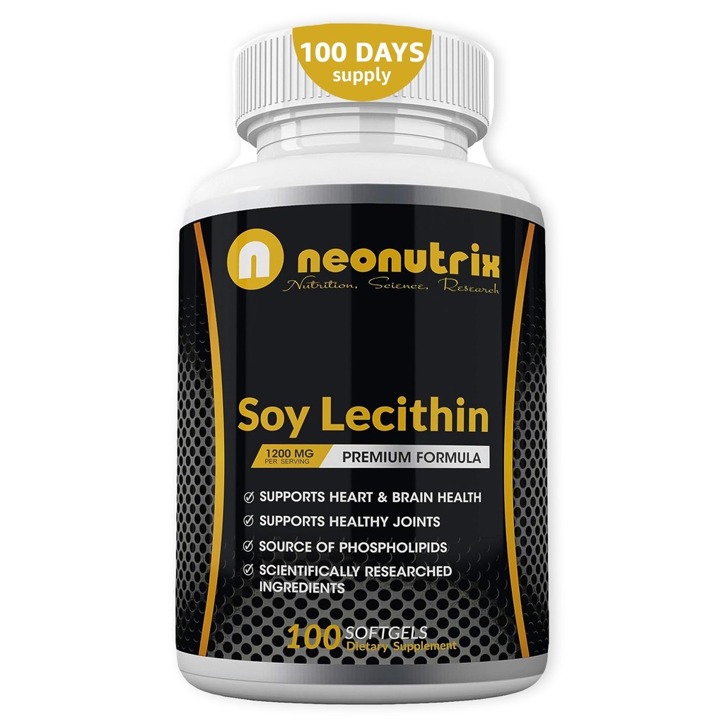 Soy Lecithin Kapsler 1200 mg (En om dagen, 100 Softgels) Immunstøtte Supplement rik på Fosfolipider støtter metabolisme, hjerne og hjerte helse og cellefunksjoner laget i USA Ikke-GMO av Neonutrix