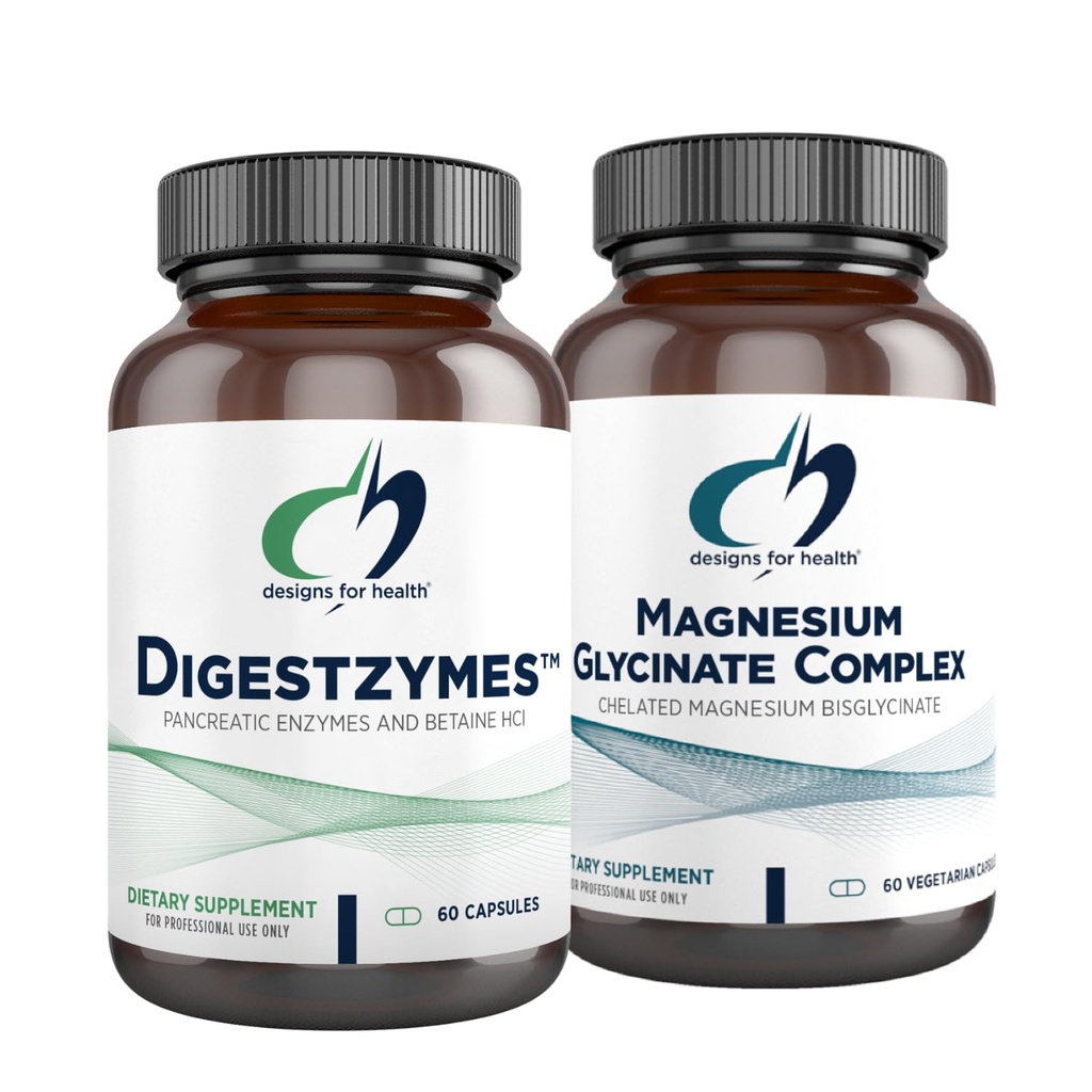 Designer for Helse Magnesium Glycinate Complex (60 kapsler) & Digestzymer (60 kapsler) Bundle - Digestive Enzymer for anledninger Gas & Bloating med høy absorpsjon Magnesium Supplement