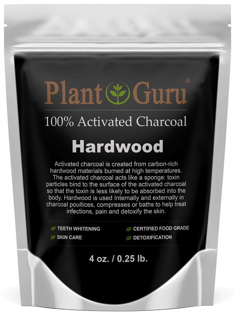 Plant Guru Aktivert Charcoal pulver 4 oz. HARDWOOD - Mat klasse Kosher ikke-GMO - tenner bleking, ansiktsmaske og såpe makeing. Fremmer naturlig avgiftning og hjelper Digestion