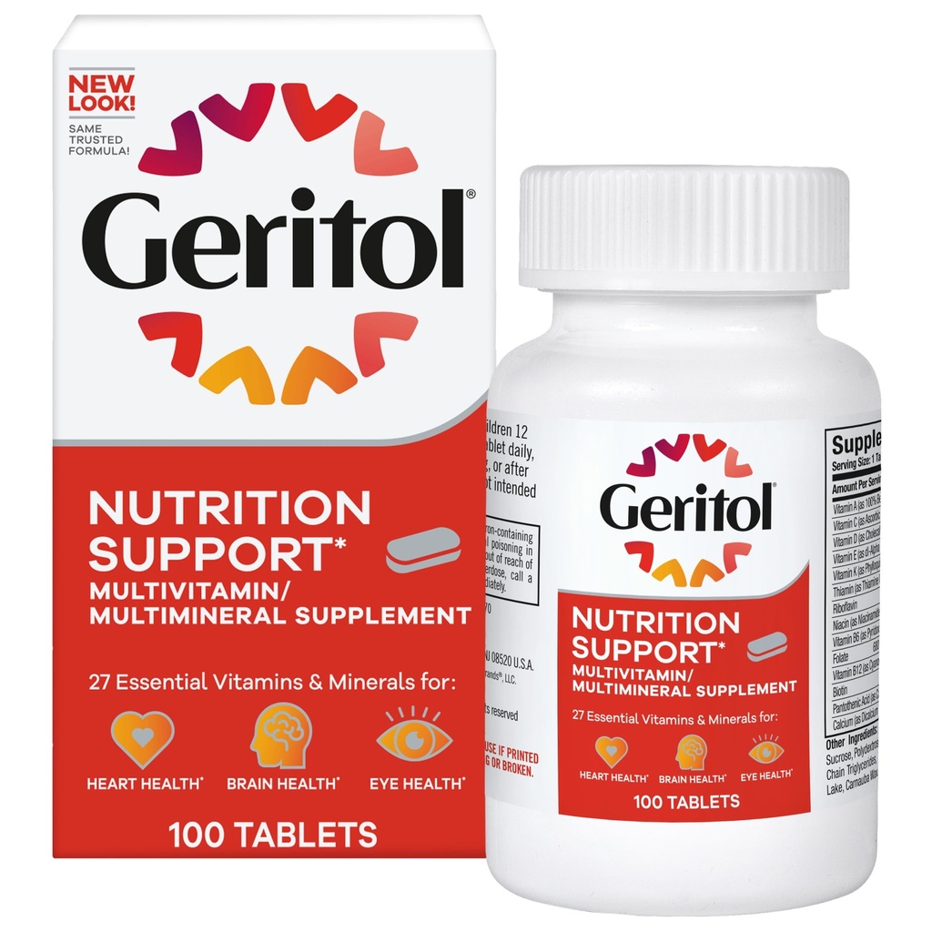 Geritol, Multivitamin Supplement, Inneholder B-vitaminer, Antioksidanter, Vitaminer C, E & D og jern, 26 essensielle vitaminer og mineraler, Glutenfri, Ikke-GMO, Ingen kunstige søtningsmidler, 100 tabletter