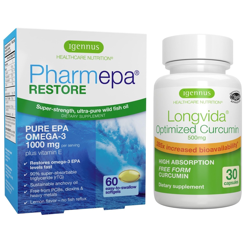 Pharmepa gjenoppretting & Longvida Lipidated Curcumin 500mg Bundle, 1000mg ren EPA Omega-3 Fish Oil & Ultra Biotilgjengelig Curcumin, av Igennus