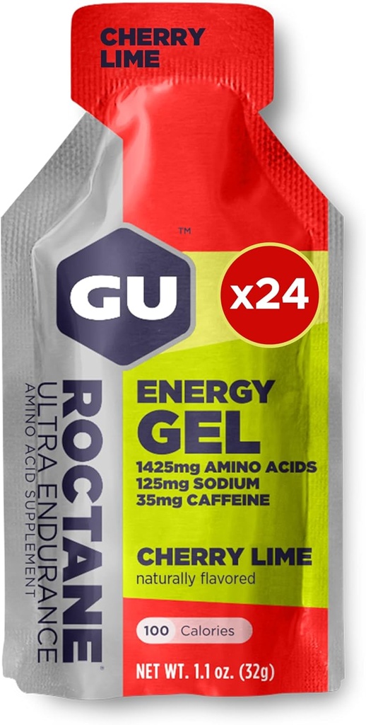 GU Energi Roctane Ultra Endurance Energy Gel, Vegan, Glutenfri, Kosher og Dairy-Free On-The-Go Sports Ernæring for løp, sykling, spa eller skikjøring, 24-Count, Cherry Lime