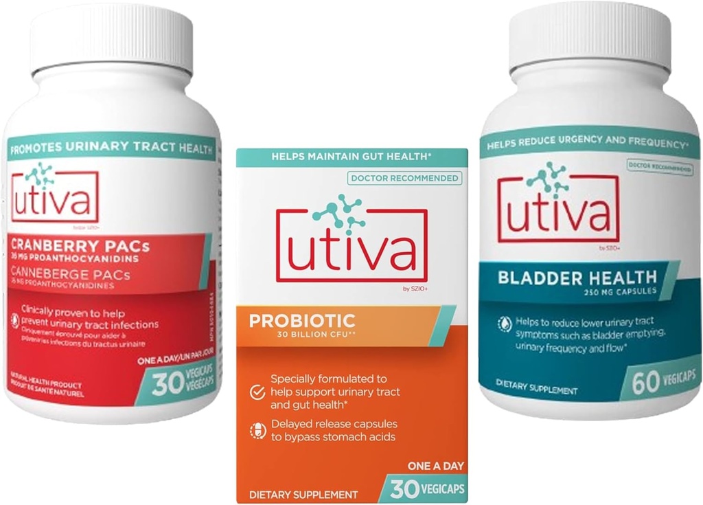 15% Bundle Utiva Cranberry PACs Supplement for urinveien Tract Helse 30 Vegi Capsule + Utiva Probiotic for Gut og urinveien Tract Helse 30 forsinket release Vegi Capsule + Utiva Bladder Helse 60 Capsule