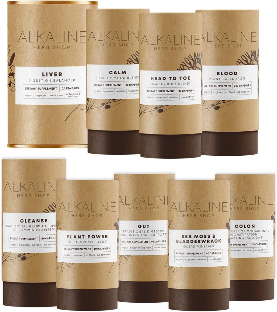 Alkaline Herb Shop The Body Essentials Bundle - Hav Moss & Bladderwrack, Klorophyll, Jern, Glad sunn kropp, Happy Colon, Happy Lymph, Gut, Happy Liver Tea og Happy Mood