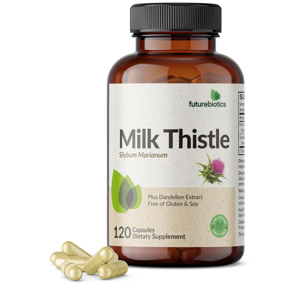 Futurebiotika Melk Thistle Silymarin Marianum & Dandelion Extract Liver Helse Støtte, Antioksidant støtte, Detox, 120 Kapsler