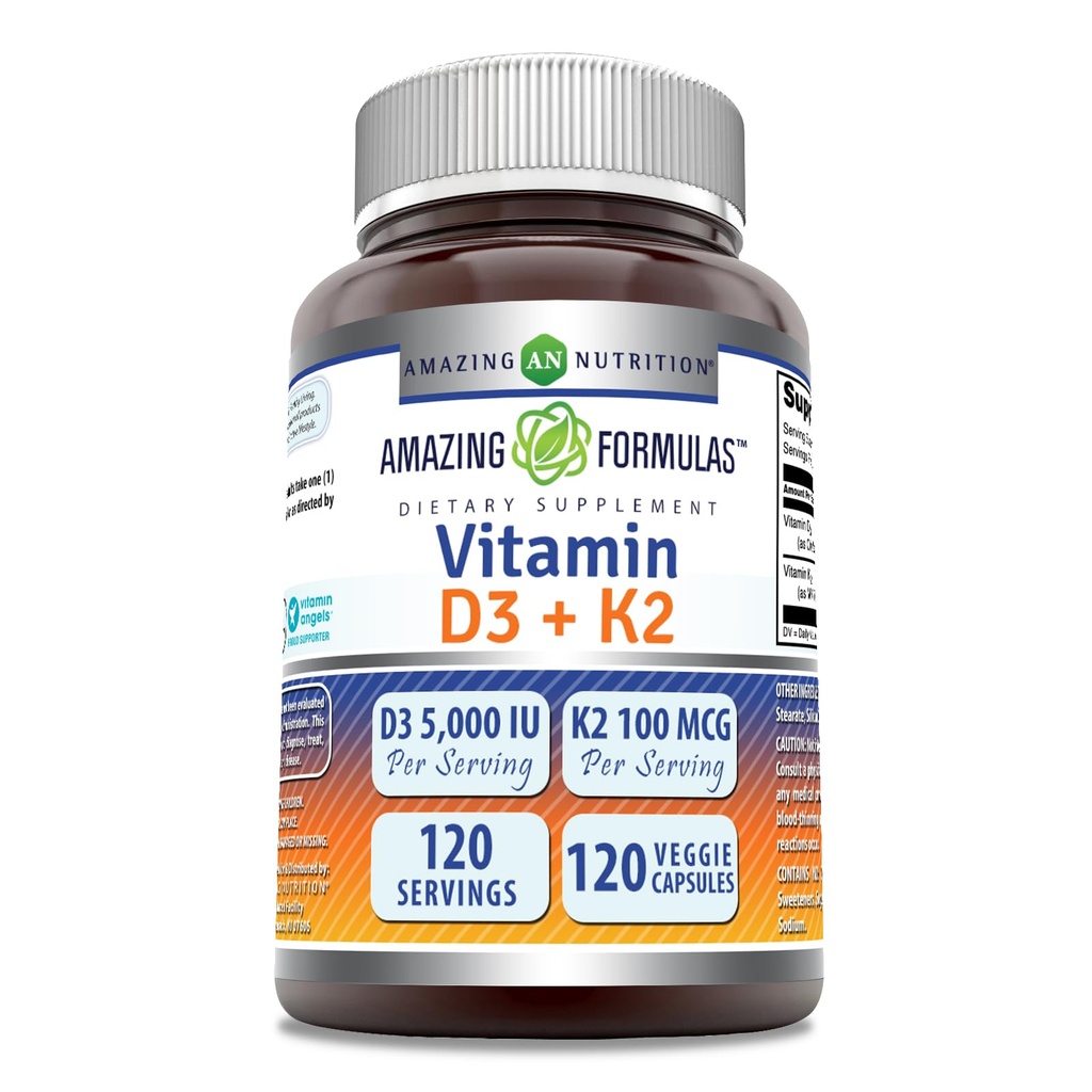 Amazing Formler vitamin D3 5000 IU med vitamin K2 100 Mcg | 120 Veggie Kapsler Supplement | Ikke-GMO | Glutenfri |