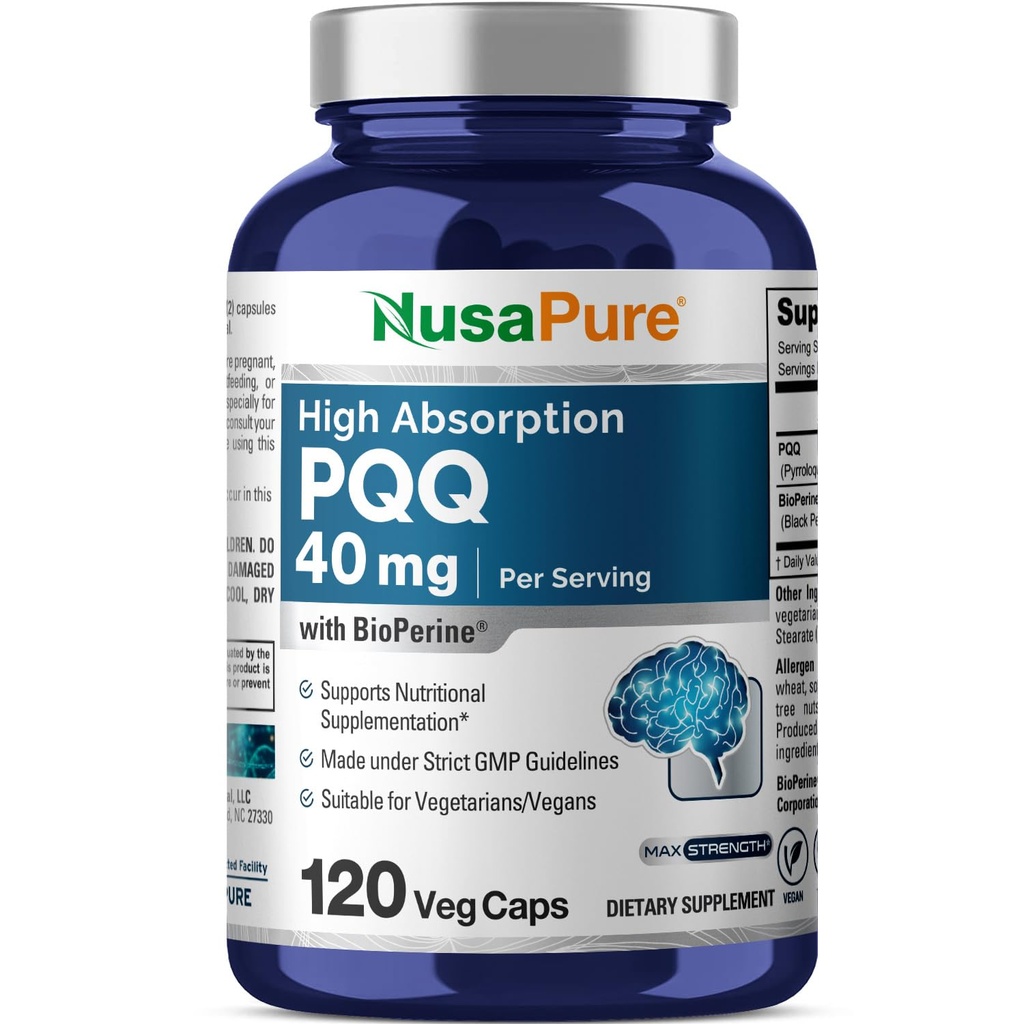 NusaPure PQQ Supplement 40 mg, 120 Veggie Kapsler, Ikke-GMO, Pyrroloquinolin Quinon Dinatrium Salt, Bioperin