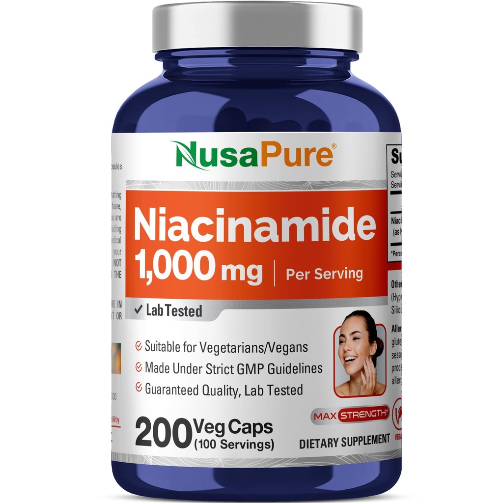 NusaPure Niacinamid 1000 mg 200 Veggie kapsler (Non-GMO, Vegan) Flush Free