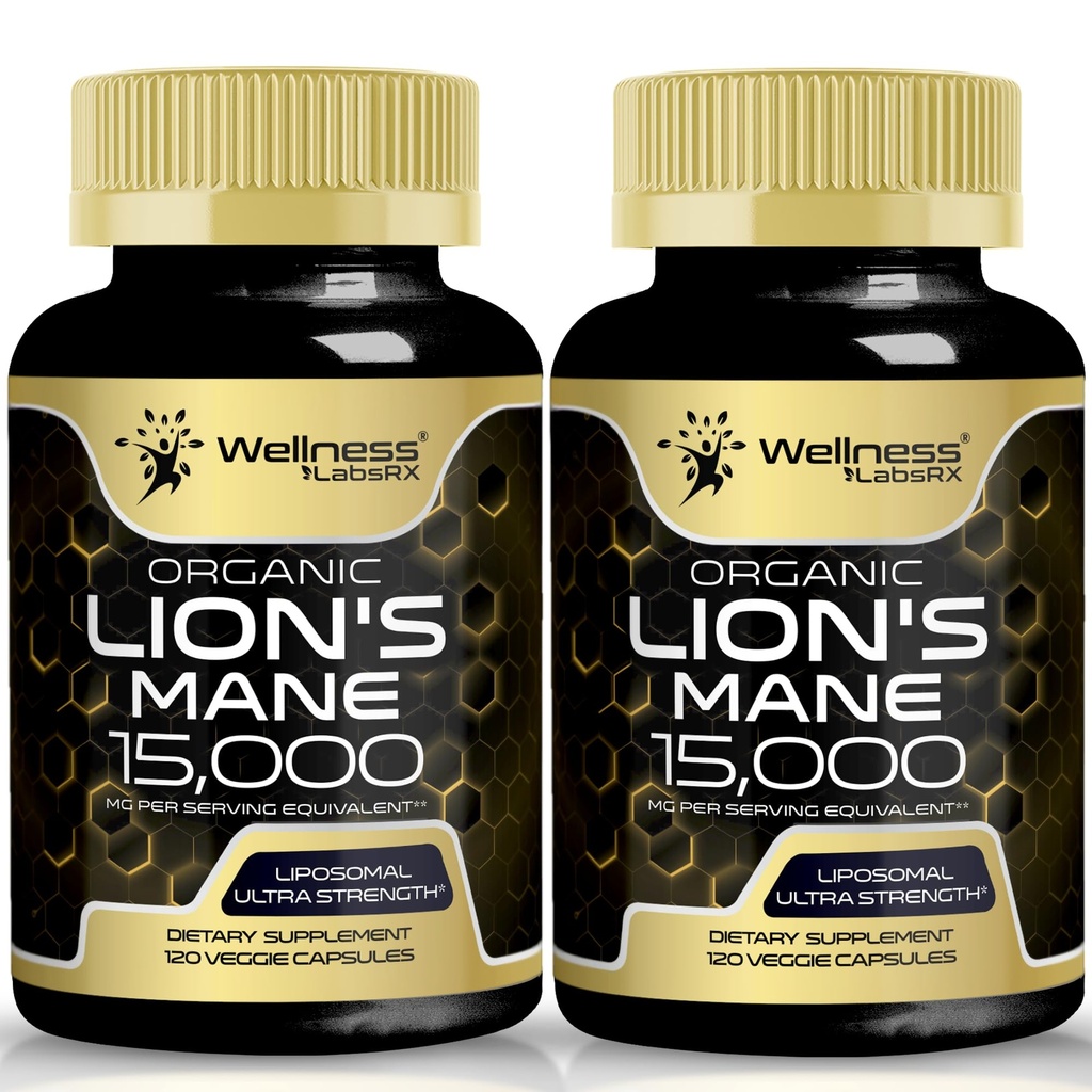 Lions Mane Supplement Capsules - 120 Count - Mushroom Supplement, Brain Supplements for minne og fokus, Lions Mane Mushroom Capsules - Kognitiv og immun støtte, Fokus Supplement - 2 Pack
