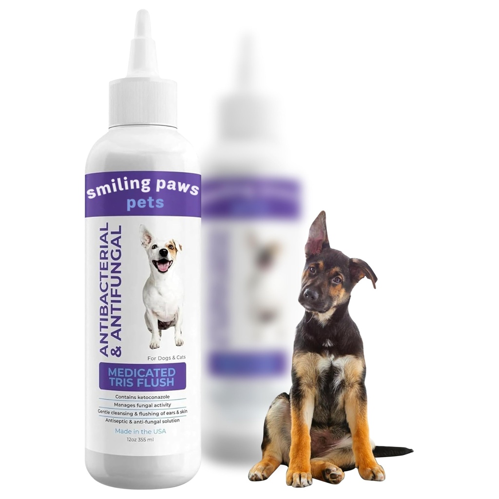 Smiling Paws Kjæledyr Medisinert Tris Flush Dog ørerenseløsning og infeksjonsbehandling for hunder og katter øreflush for hunder ørerense for hunder og katter - Cat & Hunde ørevask inneholder Kineret 12oz