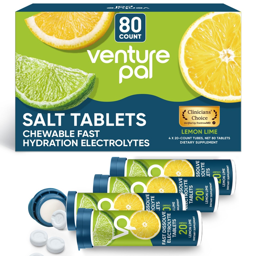 Venture Pal Chewable Electrolyte Tabletter, 80 grev raskt Dissolve Sugar-fri Stick Salt Tabletter - Variety Pack for Rapid Hydration, Utendørskjøring, Fotturer, Sport | Keto & Vegansk Vennlig | 4 Pack