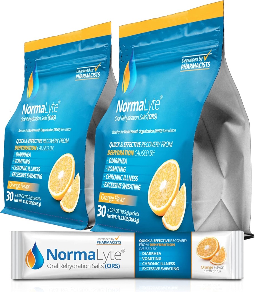 NormaLytt Oral Rehydrering Salter-2 Pouker - 60 Sticks (Yields 500ml per pakke)-Orange-energitilskudd, Kalium Supplement, Dehydrering Recovery og rask absorpsjon