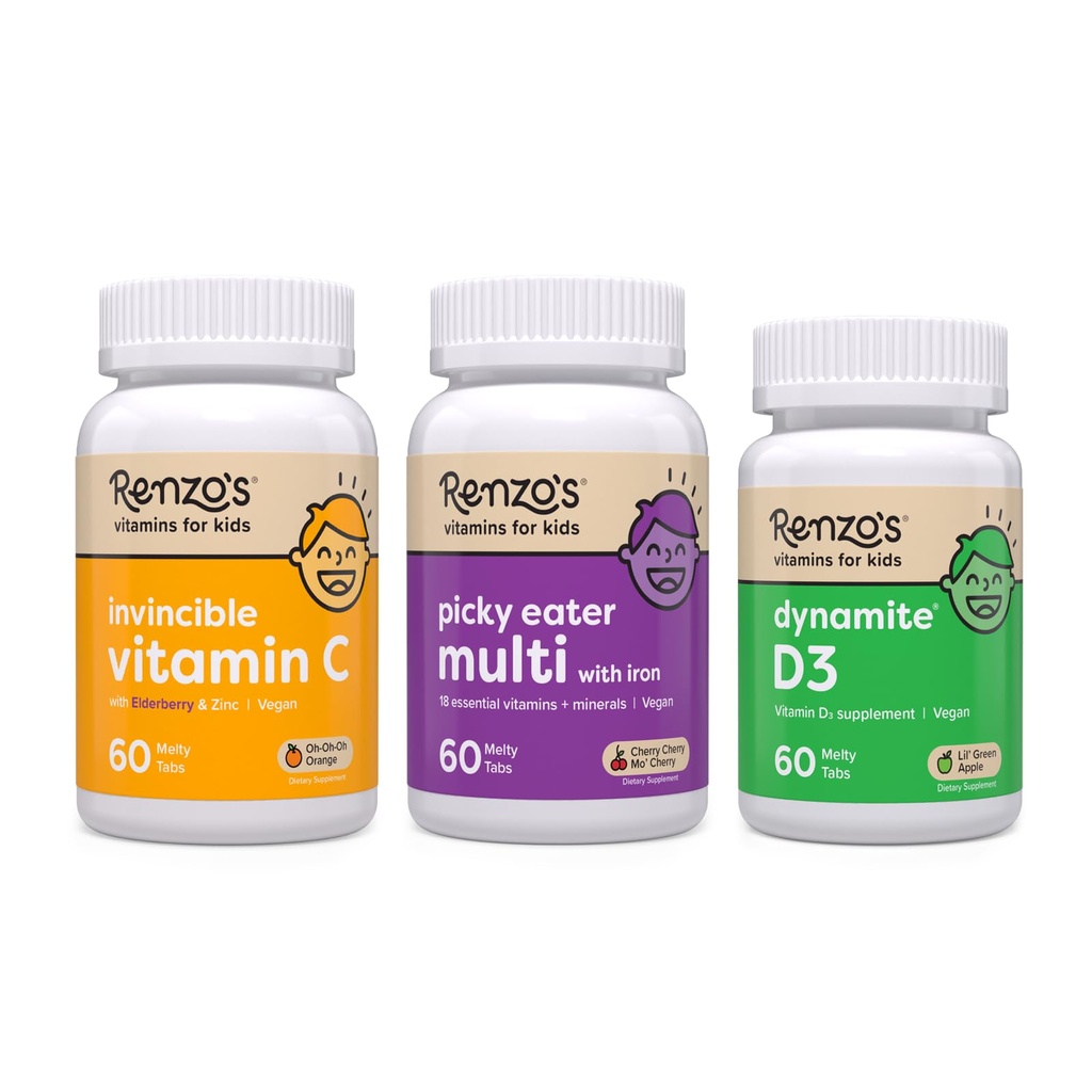 Renzo vitaminer immunforsvarsbygger Bundle - vitamin C med eldrebær og sink for immunstøtte, picky eater barn multivitamin og vitamin D3