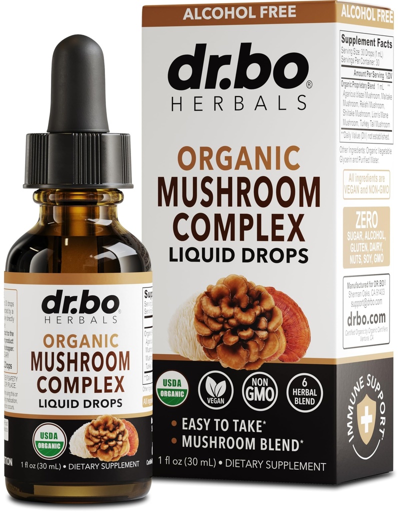Organiske Lions Mane Mushroom Complex - Mushroom Supplement flytende dråper Tinktur for fokus, tåke, hjerne helse kosttilskudd - Vegan, Herbal Organic Lions Mane Mushrooms, Reishi, Tyrkia Tail Extract 1oz