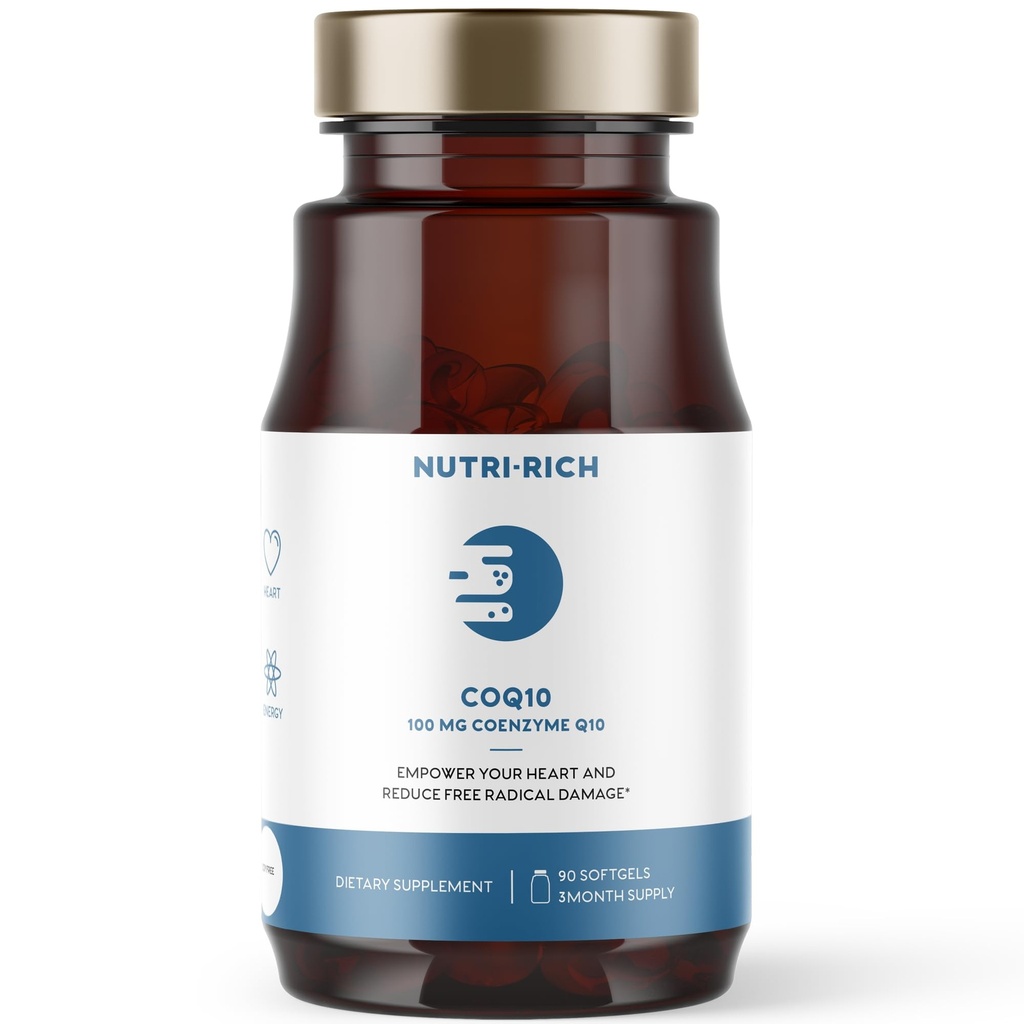 Nutri-Rich CoQ10 Softgels, Coenzyme Q10 Ubiquinon for hjerte og energi, Statin bruk og cellulære helse, tredjeparts testet, GMP kvalitet, ingen kunstige tilsetningsmidler, ingen soya, glutenfri, 90 greve