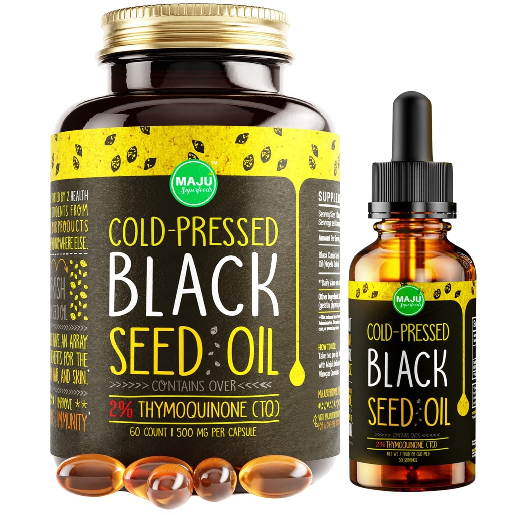 Maju Superfoods Svart Seed Oil 2 oz og svart Seed Oil Kapsler Bundle