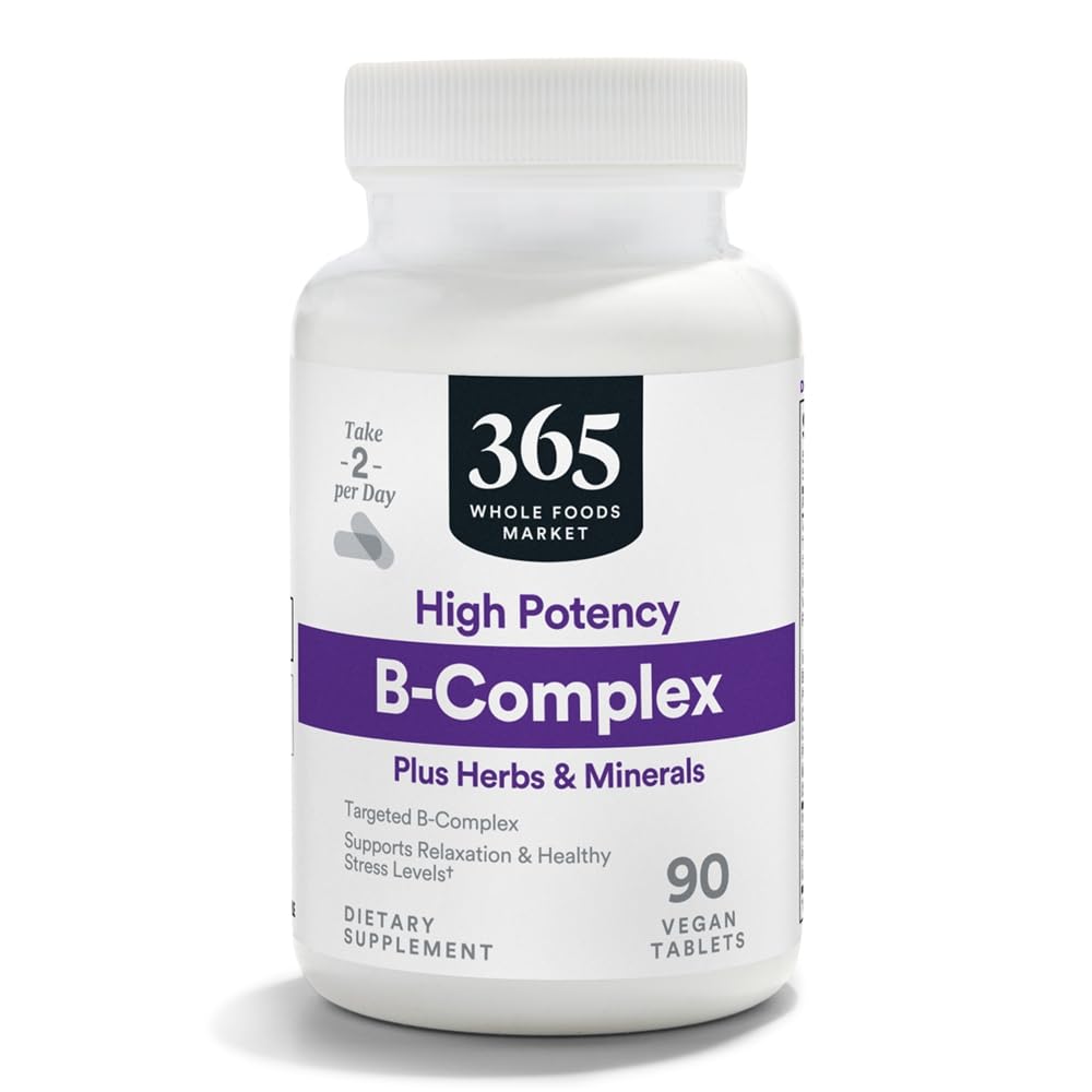365 ved hele matmarkedet, høy potens vitamin B-kompleks med herbal støttetabletter, 90 CT