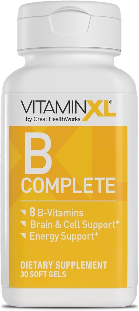 VitaminXL B Complete er et fullspektrum B kompleks laget med B1, B5, B6, B12, Biotin, Niacin, Riboflavin og Folate, også med Choline og inositol (30 Myke geler, 30 serveringer)