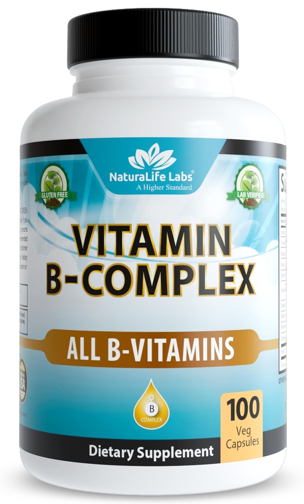 NaturaLife Labs Vitamin B-kompleks med vitamin C & Folinsyre - Inkluderer B1, B2, B3, B5, B6, B7, B9 & B12 - 100 kapsler, vegansk, ikke-GMO, Glutenfri
