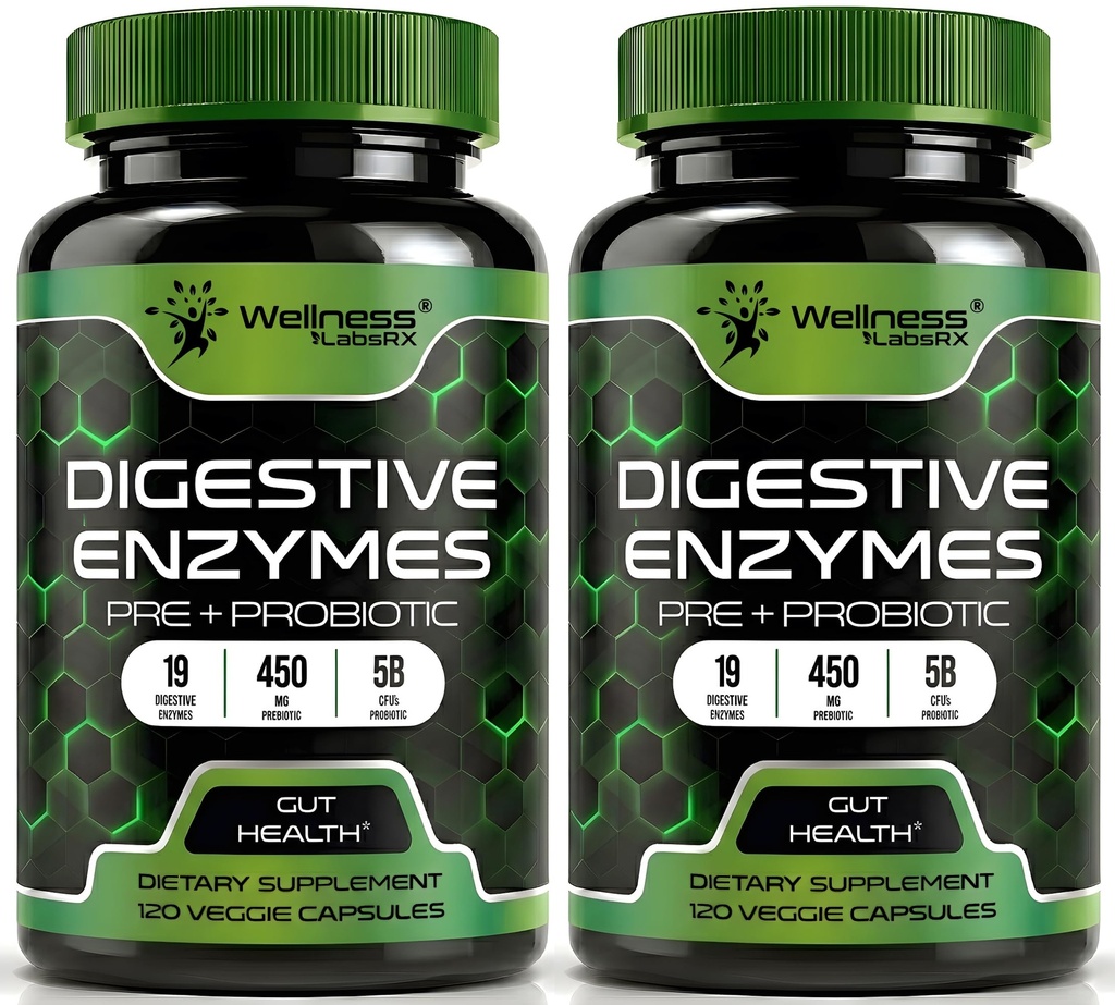Digestive enzymer med probiotika og prebiotika, 450 mg, 5 milliarder CFUs - ren Super Digestion kapsler - Digestive enzymer for kvinner og menn Støtte Digestion & Gut Helse - 120 greve (Pack of 2)