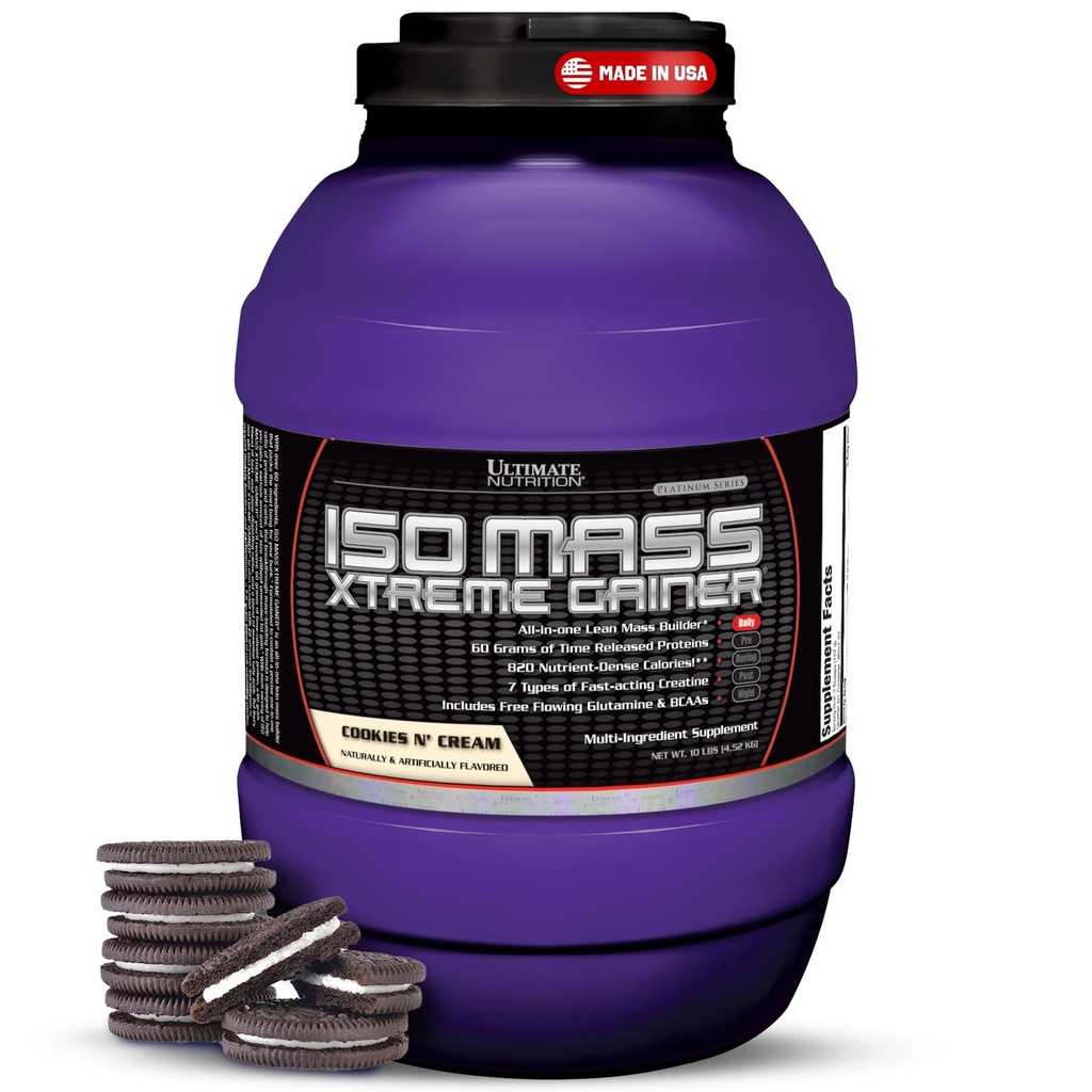 Ultimate Nutrition ISO Mass XJT Gainer - høykalorimasse Gainer med kreatin & Whey Isolate Protein Powder for vektøkning, lean muskelmasse, bulktilskudd - Cookies N Cream, 10lbs