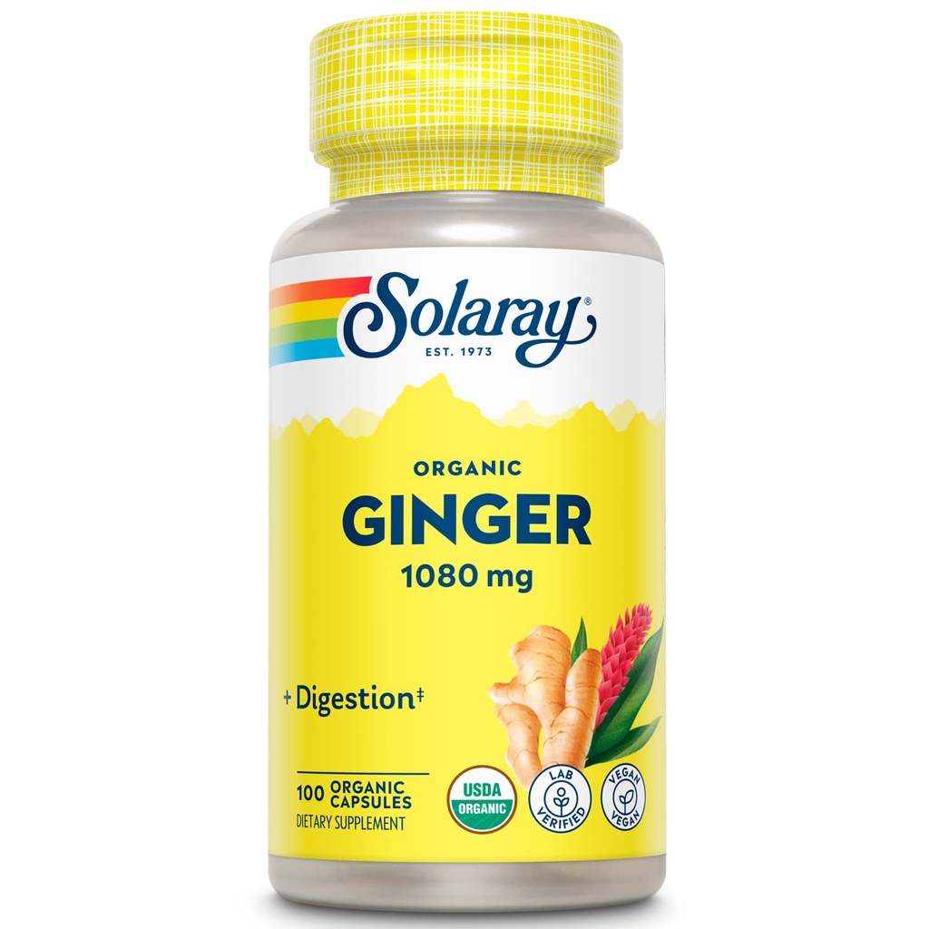 SOLARAY Organic Ginger 1080 mg - Organic Ginger Supplements - lindrer smerte og beslektethet forbundet med bevegelsessykhet, støtter felles helse - Vegan, ikke døsende, 60-dagers garanti, 50 serveringer