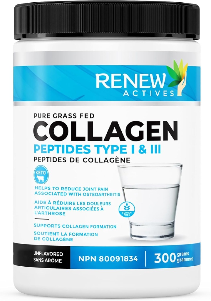 Renovere Actives Hydrolysert Collage Peptider pulver 10G per servering - Premium Grass-Fed collagen for hud, ledd og hår – 9,4g Protein – Støtter kollagenformasjon og muskelgjenvinning – laget i Canada