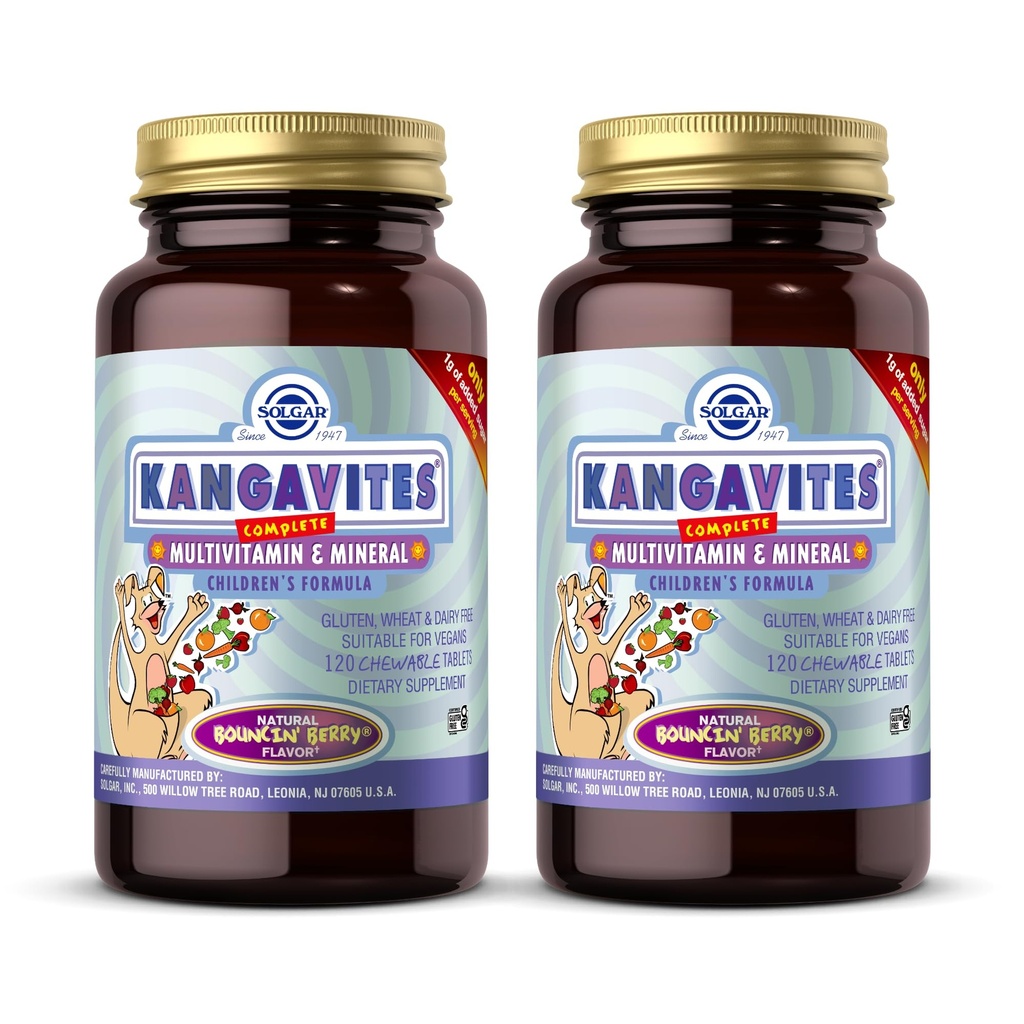 Solgar Kangavites, Bouncin 'Berry Flavor - 120 Chewable Tabletter, Pakke med 2 - Komplett Multivitamin & Mineral formel for barn - Vegan, Glutenfri