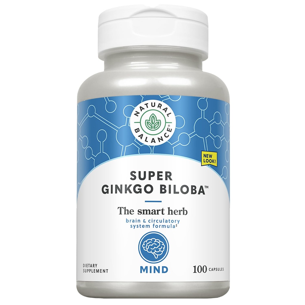 Naturlig balanse Super Ginkgo Biloba Plus | Hjerne og sirkulasjon formel for å hjelpe støtte fokus, minne og blodflyt | med Gotu Kola | 100ct, 50 Serv.