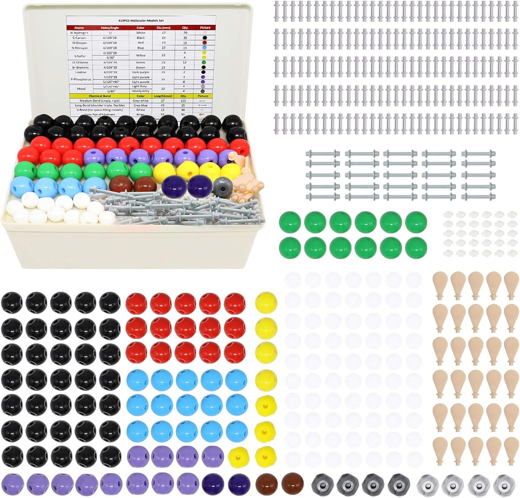 RELIANSER Molekylære Modell Kit,419PCS Organisk molekylær kjemi sett w/Atoms & Bonds, Molekylære strukturer Byggesett for kjemilæring, STEM vitenskapssett for lærere, studenter, unge forskere