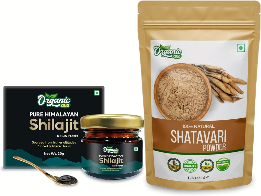 ORGANIC ZING Shatavari pulver- 454g & Shilajit Resin- 20g