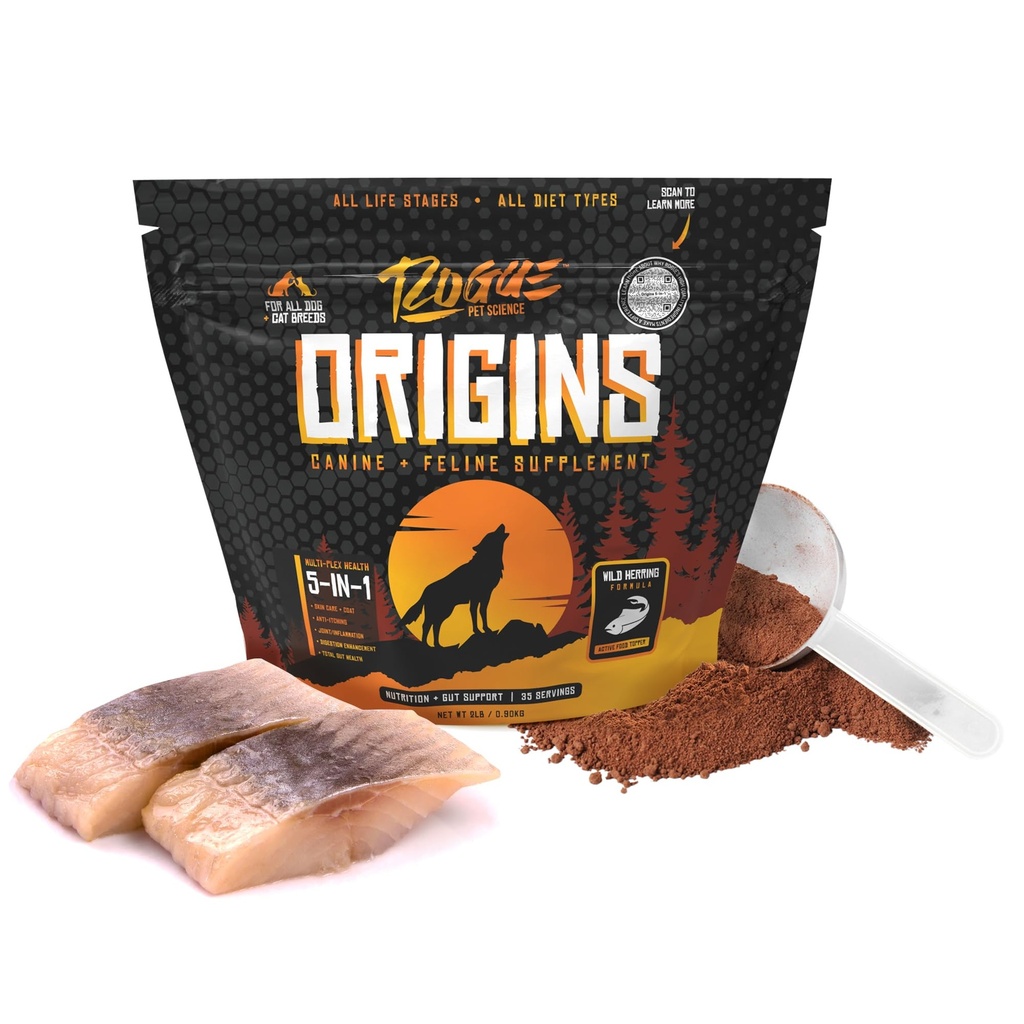 ROGUE PET SCIENCE Opprinnelser 5-i-1 hundetilskudd - pulverisert mat topper m/Naturlig omega 3 fiskolje - støtter sunn digestion, hud og Coat - bidrar til å redusere kløe og leddbetennelse (2 lbs)
