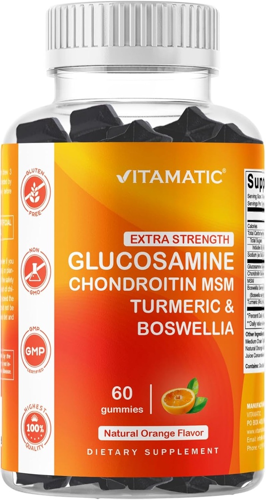 Vitamatic Extra Styrke Glukosamin Chondroitin Gummies med MSM, Turmeric & Boswellia – 60 Pektin-baserte Gummier Avansert Felles Støtte Formula – Sukkerfri, Ikke-GMO, Gelatin-fri