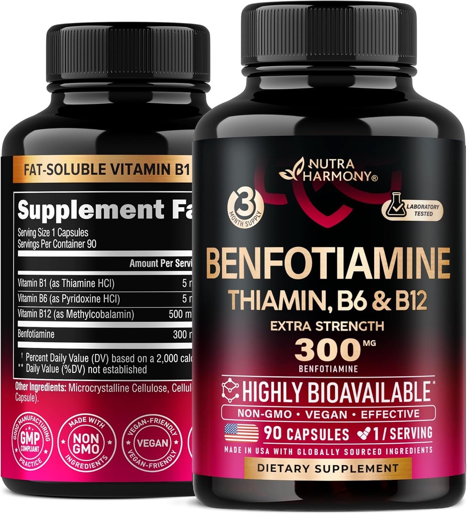 Benfotiamin 300 mg - Nerve støtte, energi og metabolisme støtte - Benfotiamin Supplement fettoppløselig vitamin B1 - høy biotilgjengelig og absorberbar - med Thiamin, vitamin B12 & B6 - 90 Kapsler