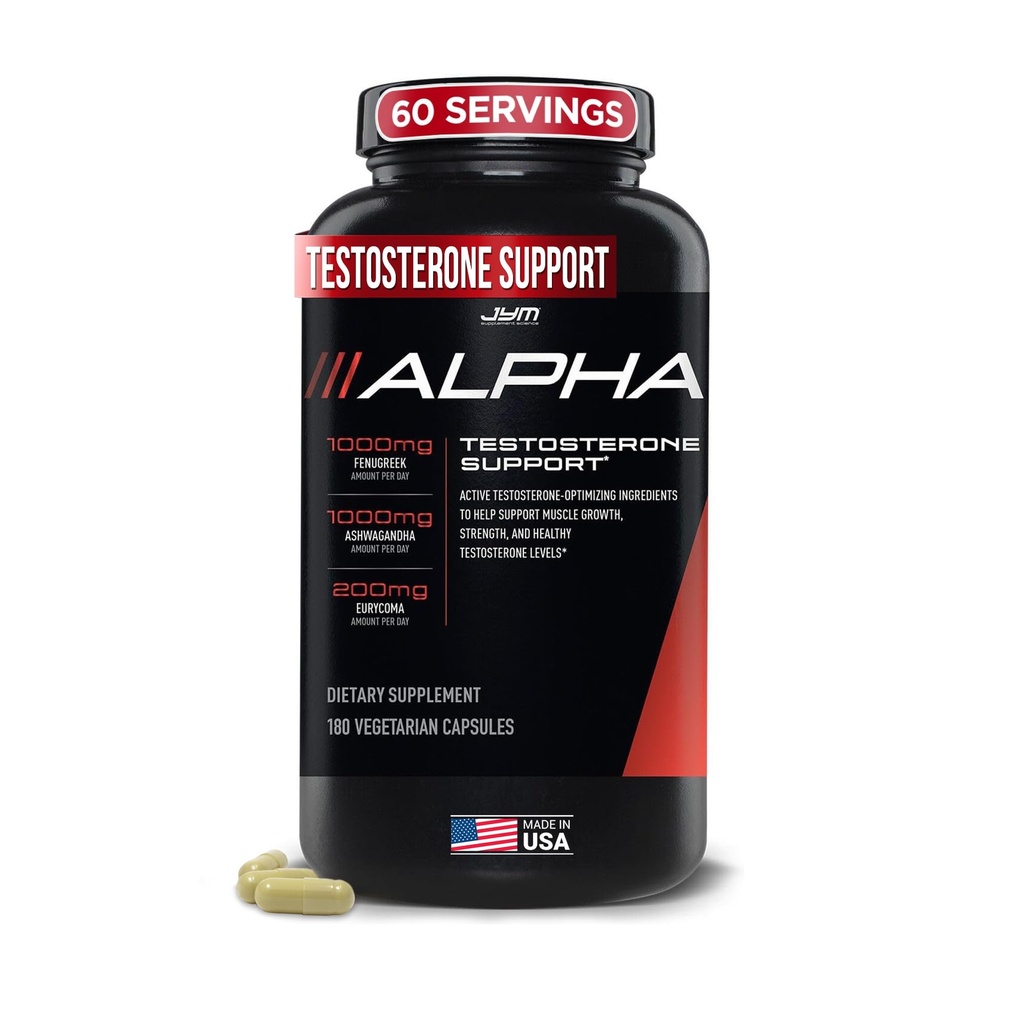 Alpha JYM Testosteron støtte | Male Vitality, Hormon Optimization, Ashwagandha, Fenugreek, Eurycoma, Damiana, Quercetin, DIM | JYM Supplerende vitenskap | 180 vegetariske kapsler