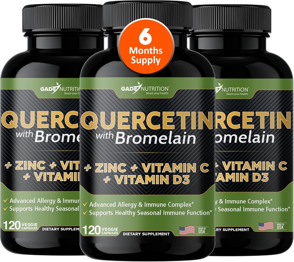 Gade ernæring Quercetin med vitamin C og sink - Quercetin 500mg - Quercetin med Bromelain - Zinc Quercetin - Quercetin kosttilskudd + vitamin D3 (Non-GMO, Glutenfri, Vegan) - 6 måneders forsyning