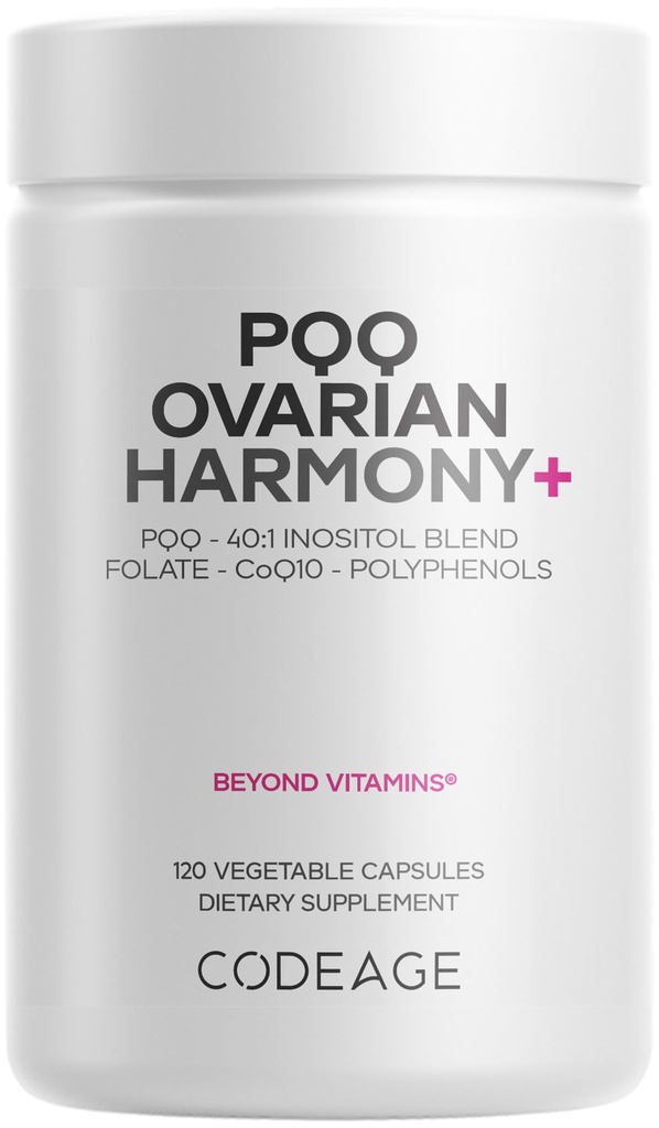 Codeage PQQ Ovarian Harmony+ Supplement - PQQ (Pyrroloquinoline Quinone), Myo-Inositol & D-Chiro-Inositol 40:1 blanding, Folat 5-MTHF, CoQ10, Wild Blåbær - Liposomal Levering - Ikke-GMO - 120 Kapsler