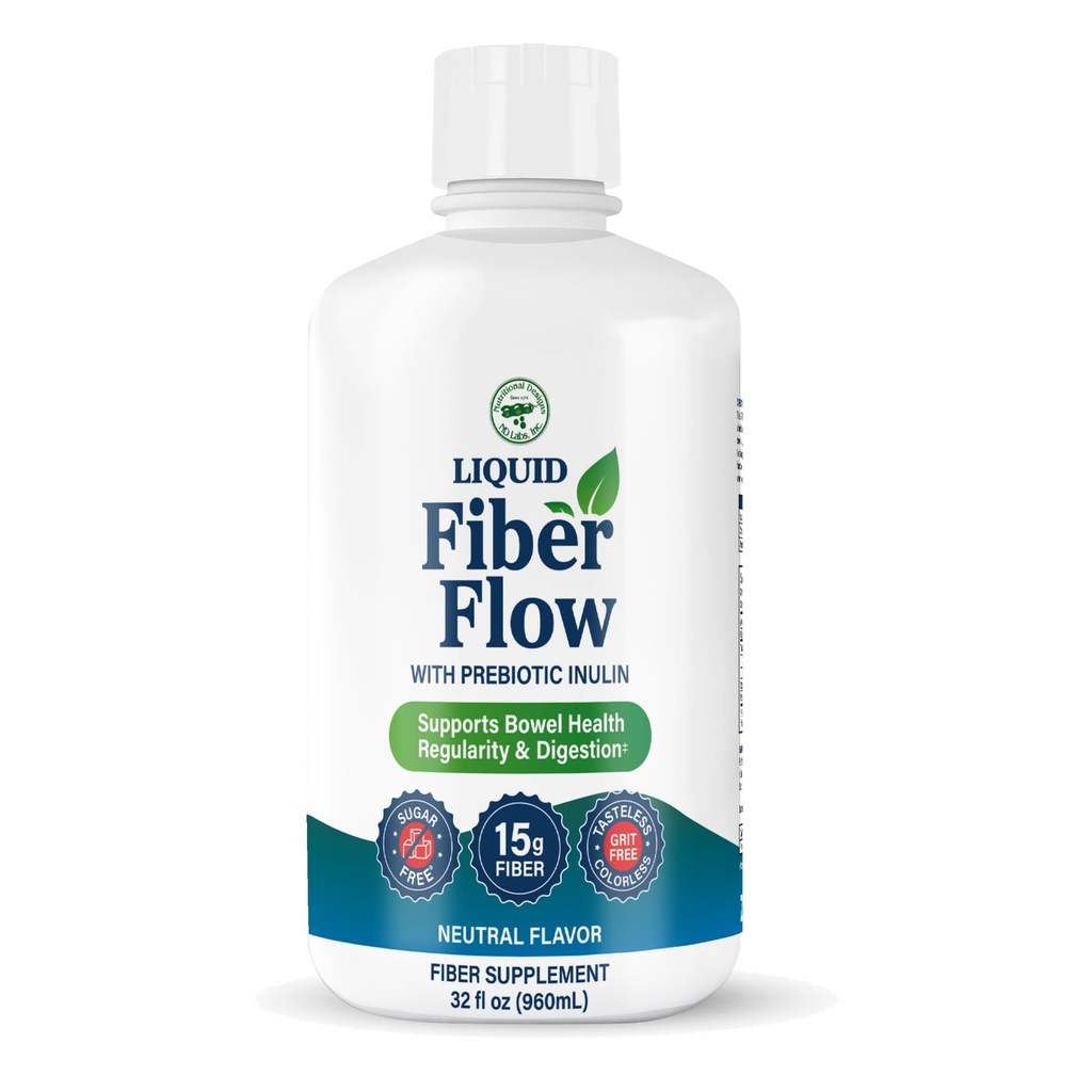 Ernæringsdesign Flytende Fiber Flow, Gentle Daglig Digestive Supplement for Helse lindring og Gut helse, sukker-fri, Naturlig Bowell Regularity for sunn intestinal balanse, Flavorless, 32 fl oz
