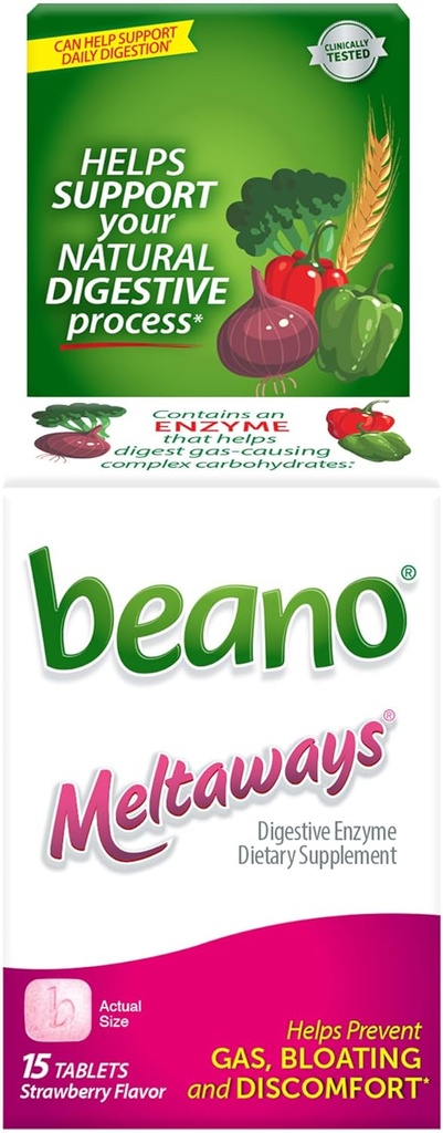 Beano Meltaways, Gass Forebygging & Digestive Enzyme Supplement, Jordbær Flavor, 15 greve